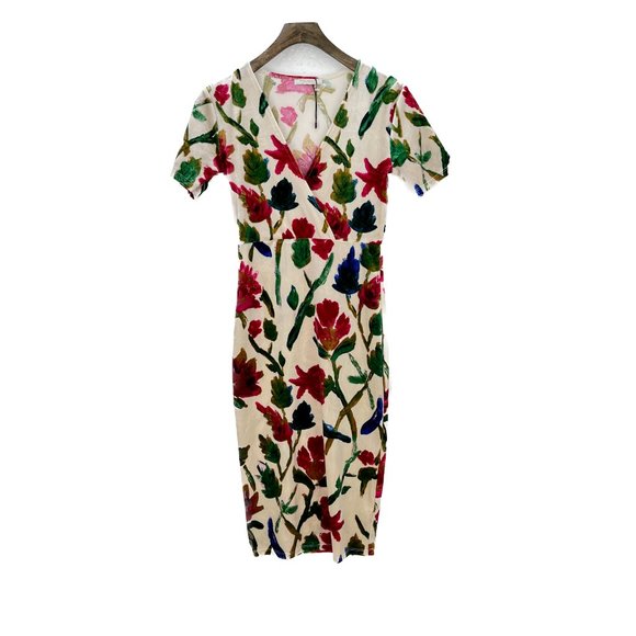 Zara Floral Velvet White Wrap Midi Dress Size S - Picture 1 of 3